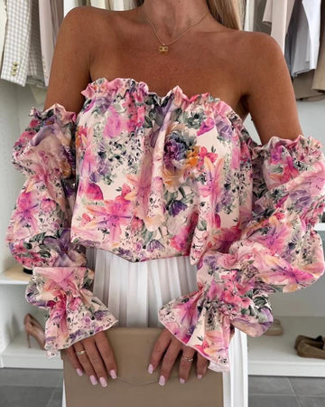 Floral Print Off Shoulder Puff Sleeve Sexy Ruffles Blouse